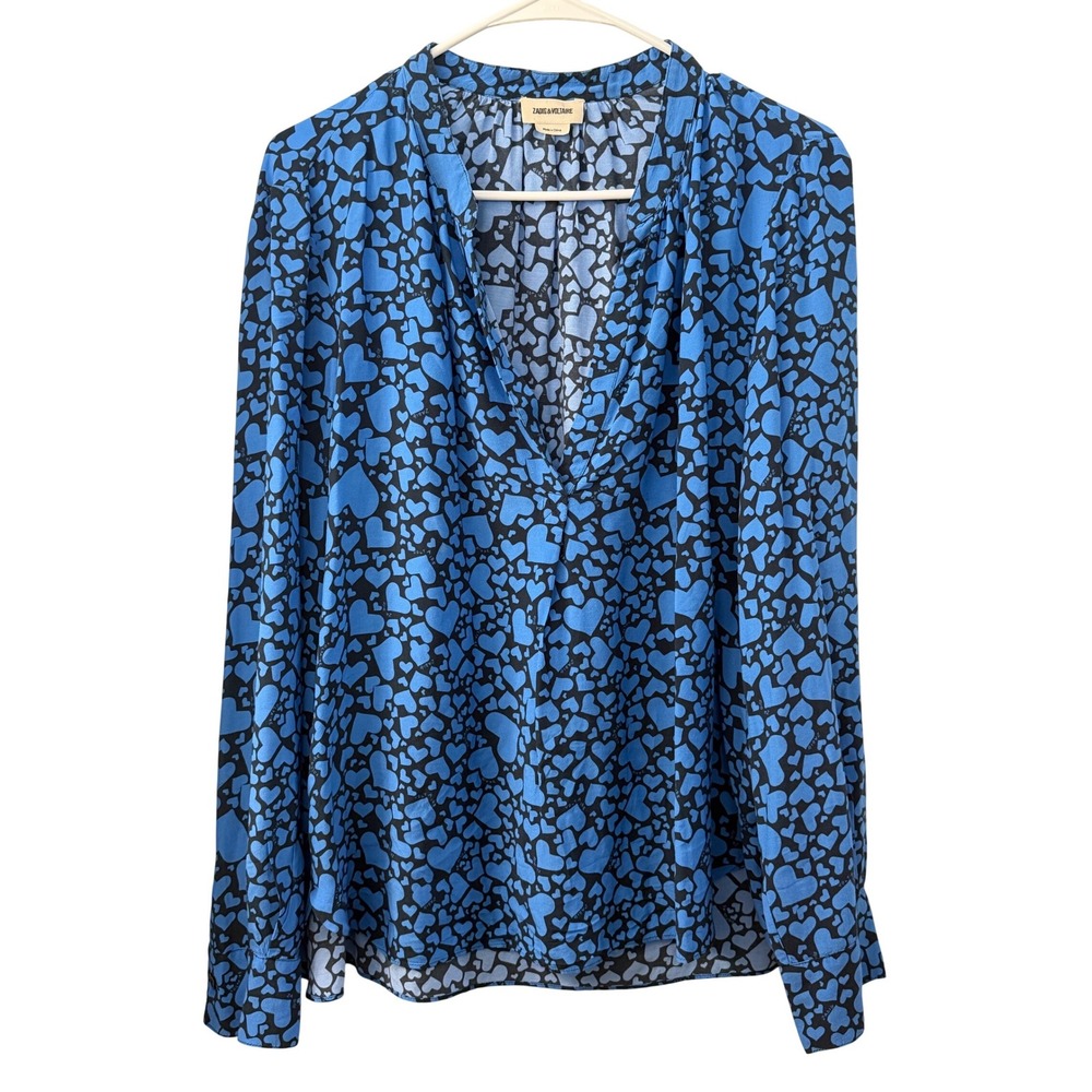 Zadig & Voltaire Blue‎ Heart Print V-Neck Long Sleeve Blouse Top Women Medium
